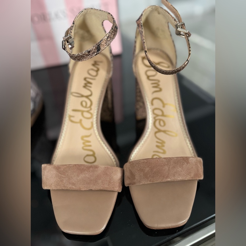 Sam Edelman Taupe Suede Block Heel Sandals with Snake-Print Ankle Strap